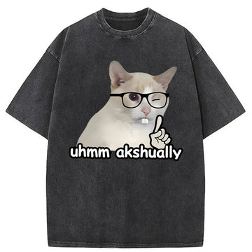 Personality fashion Um Actually Funny Nerd Cat Washed T-Shirt