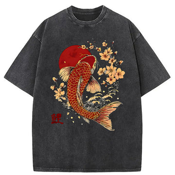 Personality fashion Luck Koi Washed T-Shirt