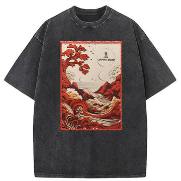 Personality fashion Japanese River View Washed T-Shirt