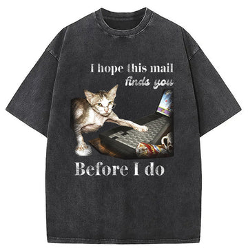 Personality fashion Funny Send Mail Cat Meme Washed T-Shirt