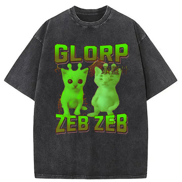 Personality fashion Glorp Gnarp Cat Meme Washed T-Shirt