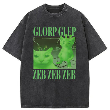 Personality fashion Green Alien Cat Meme Washed T-Shirt