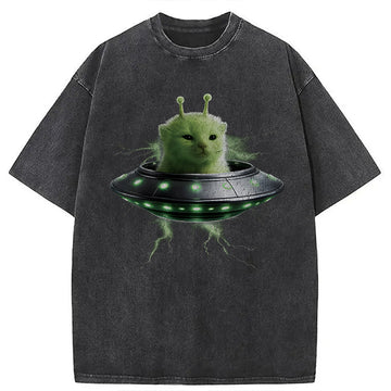 Personality fashion UFO Alien Cat Washed T-Shirt