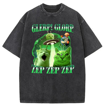 Personality fashion Funny Space Cat Washed T-Shirt