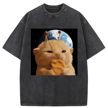 Personality fashion Space Chicken Nugget Alien Cat Washed T-Shirt