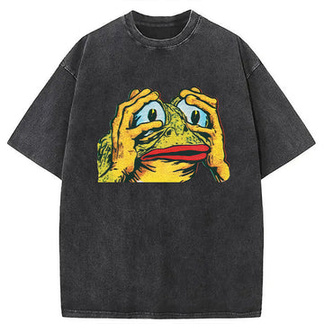 Personality fashion Big-eyed Frog Washed T-Shirt