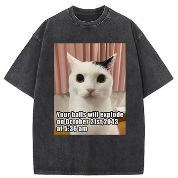 Personality fashion Your Balls Will Explode Funny Cat Meme Washed T-Shirt