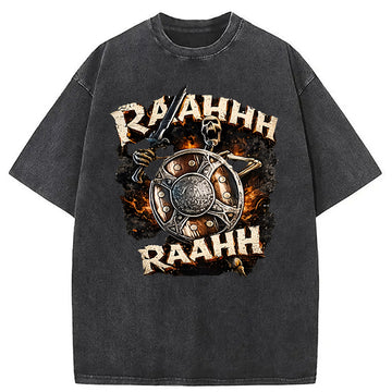 Personality fashion Skeleton Banging Shield Funny Washed T-Shirt