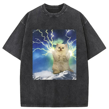 Personality fashion Lightning Cat Washed T-Shirt