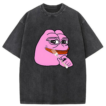 Personality fashion Pink Pepe Frog Meme Washed T-Shirt
