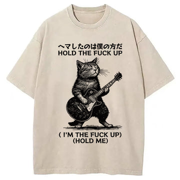 Personality fashion Funny Cat Guitarist Washed T-Shirt