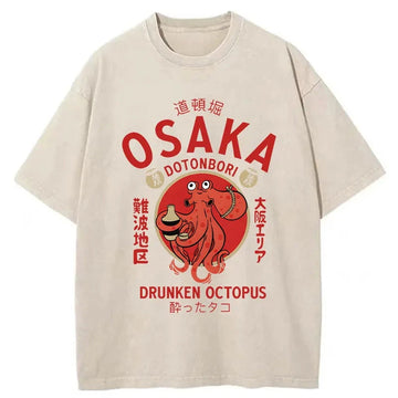 Personality fashion Drunken Octopus Japan Washed T-Shirt