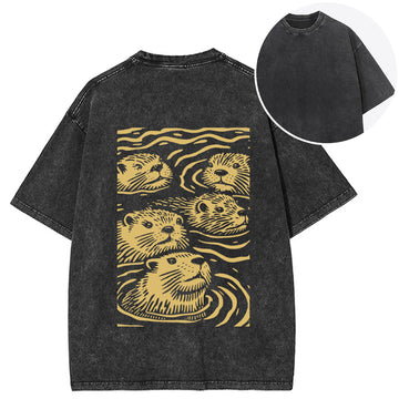 Personality fashion Woodcut Otter Back Washed T-Shirt