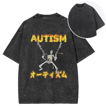 Personality fashion Autism Funny Skeleton Back Washed T-Shirt