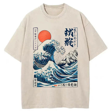 Personality fashion Ukiyo-e Ocean Waves Japan Washed T-Shirt