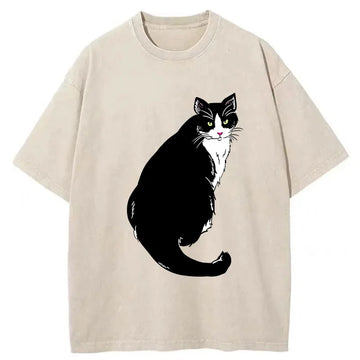 Personality fashion Elegant Cat Washed T-Shirt