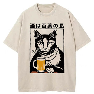 Personality fashion Cat And Beer Japanese Washed T-Shirt