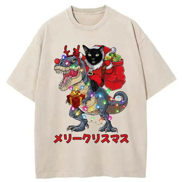 Personality fashion Cat Riding Dinosaur Christmas Washed T-Shirt