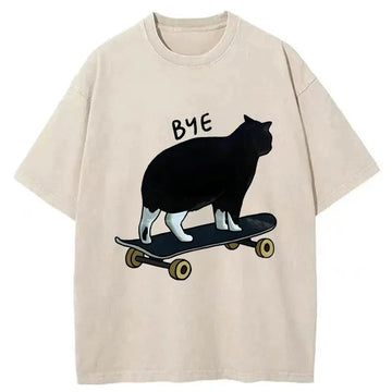 Personality fashion Cat On Skateboard Washed T-Shirt