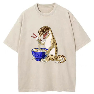 Personality fashion Gecko Eating Ramen Washed T-Shirt