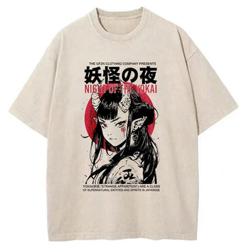 Personality fashion Yokai Aesthetic Japanese Streetwear Washed T-Shirt