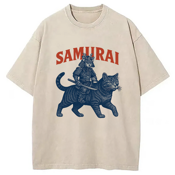 Personality fashion Funny Samurai Cat Washed T-Shirt