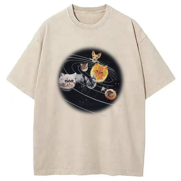 Personality fashion Galaxy Cat Meme Washed T-Shirt