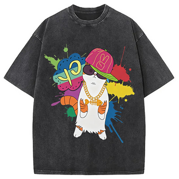 Personality fashion Hip Hop Cat Washed T-Shirt