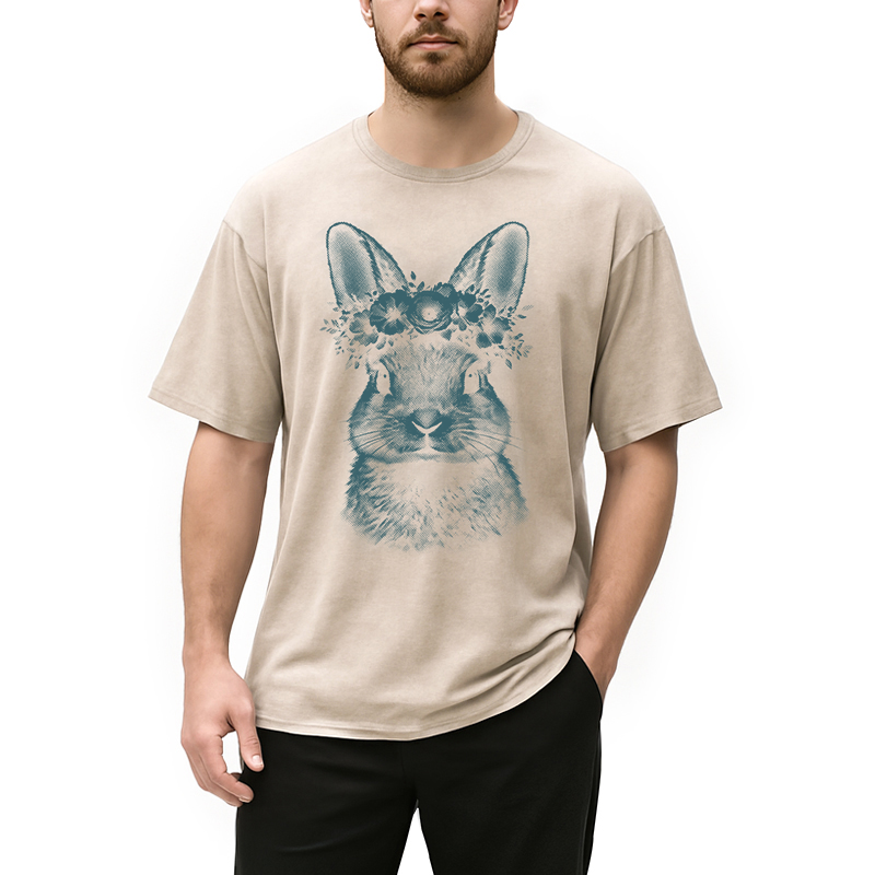 Personality fashion Floral Bunny Easter Washed T-Shirt
