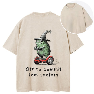 Personality fashion Frog Riding A Balance Scooter Back Washed T-Shirt
