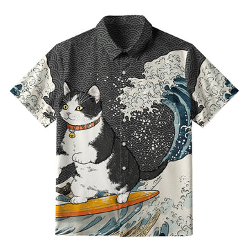 Personality fashion  Surfing Cat Button-up Shirt