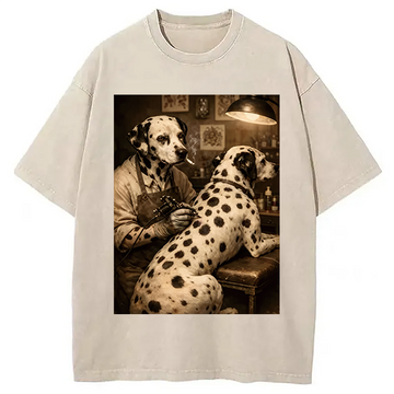 Personality fashion Funny Dalmatian Tattoo Dog Washed T-Shirt