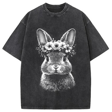 Personality fashion Floral Bunny Easter Washed T-Shirt