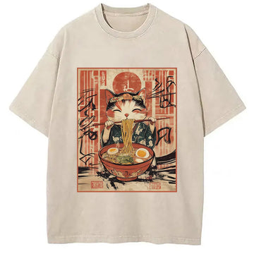 Personality fashion Kawaii Japanese Cute Ramen Cat Washed T-Shirt