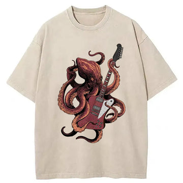 Personality fashion Octopus Playing Guitar Washed T-Shirt