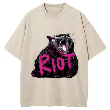 Personality fashion Riot Cat Washed T-Shirt