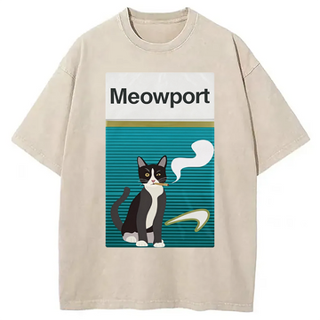 Personality fashion Meowport Funny Cat Washed T-Shirt