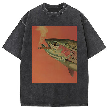 Personality fashion Trout Smoking A Cigarette Washed T-Shirt