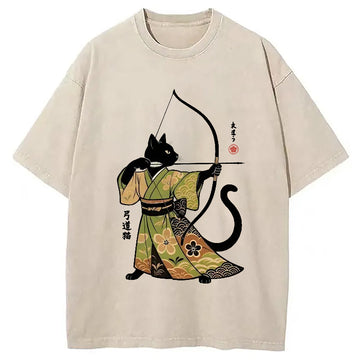 Personality fashion Japan Cat Archery Washed T-Shirt