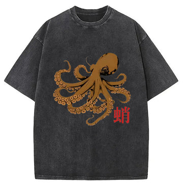 Personality fashion Retro Japanese Octopus Washed T-Shirt