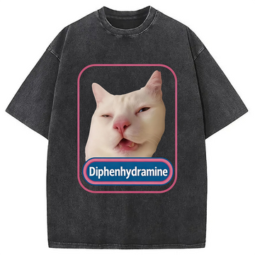 Personality fashion Funny Diphenhydramine Meme Cat Washed T-Shirt