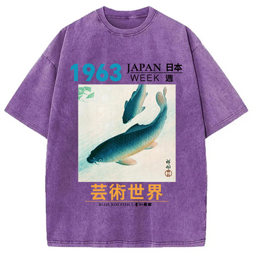 Personality fashion Blue Koi Fish Washed T-Shirt