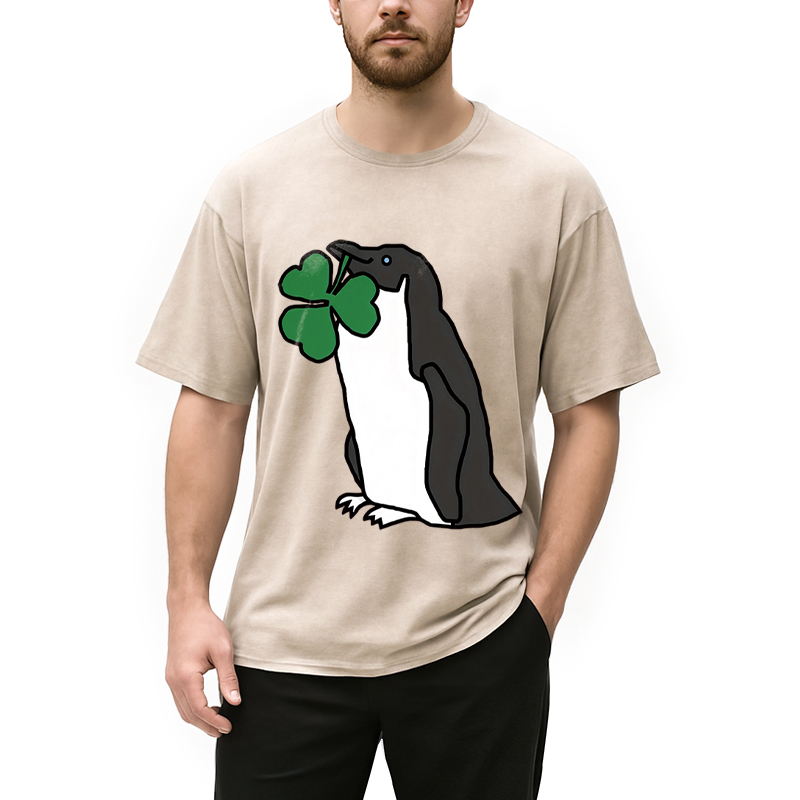 Personality fashion St Patricks Day Penguin Washed T-Shirt