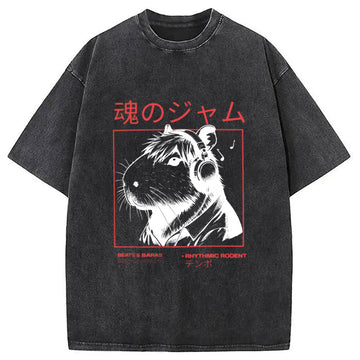 Personality fashion Japanese Capybara Soul Jam Washed T-Shirt