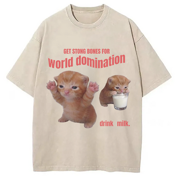 Personality fashion World Domination Cat Meme Washed T-Shirt