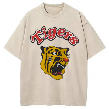 Personality fashion Vintage Hashin Tigers Japanese Baseball Washed T-Shirt