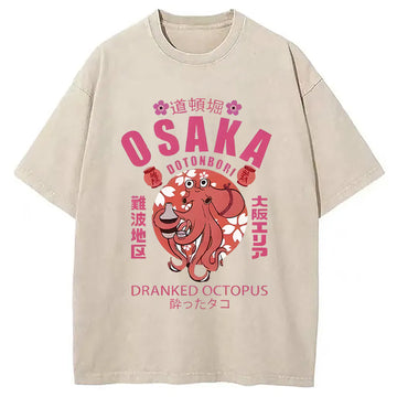Personality fashion Sakura And Octopus Washed T-Shirt