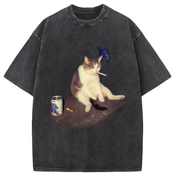 Personality fashion Custom Cat Smoking Meme Washed T-Shirt
