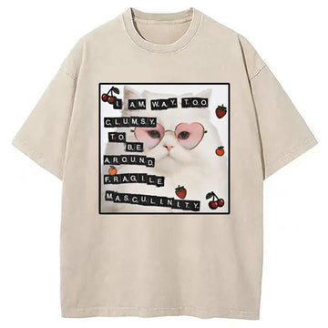 Personality fashion Funny Cat Fragile Masculinity Washed T-Shirt