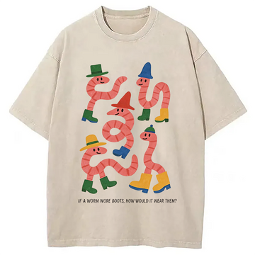 Personality fashion Whimsical Worms In Boots Washed T-Shirt